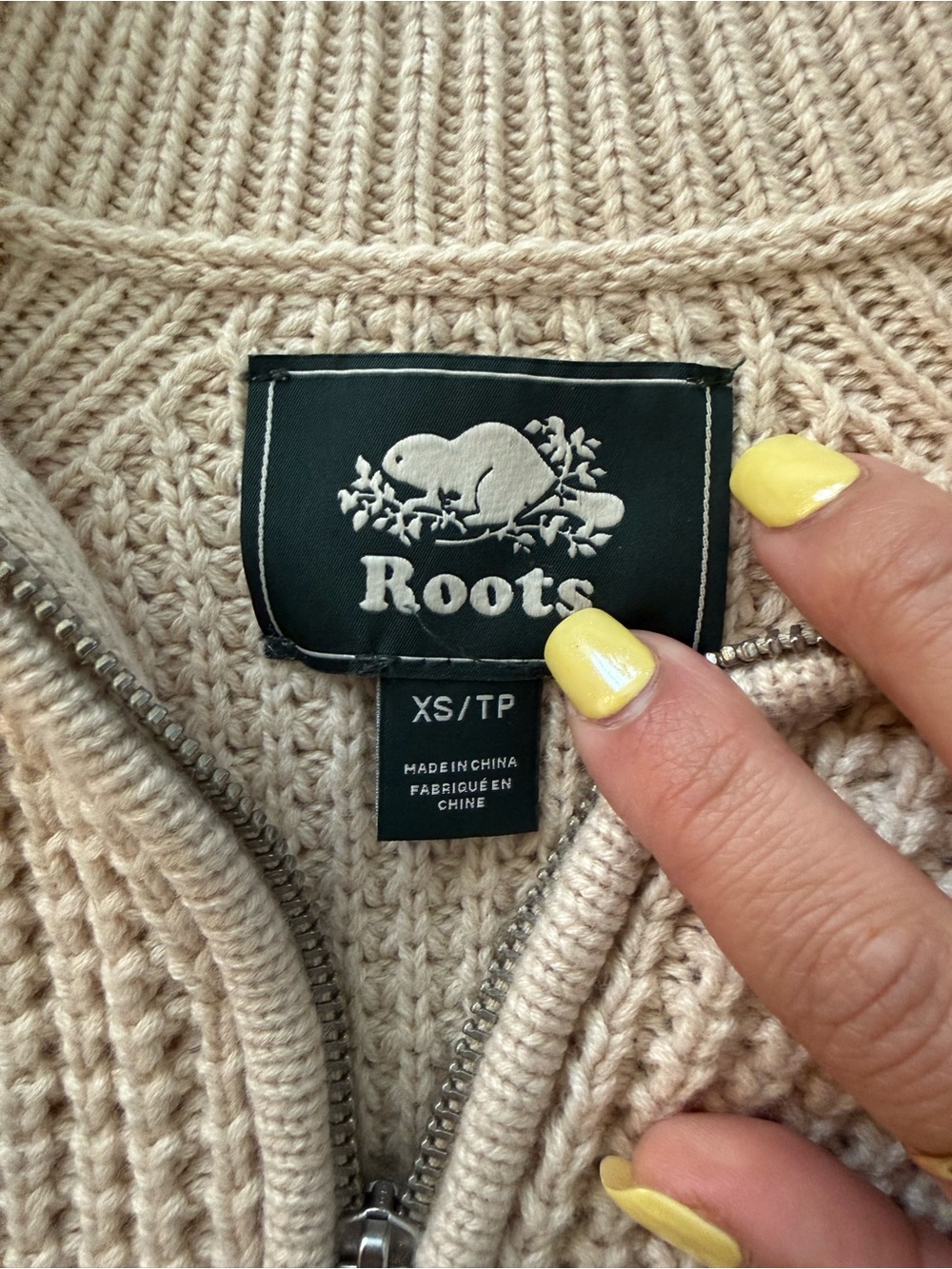 Roots Cream Beige Ribbed Waffle Knit 1/4 Zip Pullover Sweater Heritage Cabin XS - Picture 5 of 7